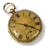 A VICTORIAN 18CT GOLD GENT’S POCKET WATCH Open face with engraved gold tone dial and seconds dial,