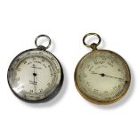TWO EARLY 20TH CENTURY POCKET BAROMETERS A gold plated barometer with silver tone dial and a gun