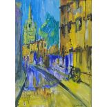 JAMES LAWRENCE ISHERWOOD, 1917 - 1988, OIL ON BOARD Impressionist street scene, framed. (63cm x