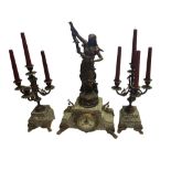 A LATE 19TH CENTURY FRENCH FIGURAL THREE PIECE SPELTER, MARBLE AND ORMOLU CLOCK GARNITURE Ceramic