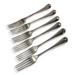 A SET OF SIX GEORGIAN SILVER DINNER FORKS Hanovarian pattern with an engraved family crest of a