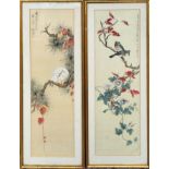 A PAIR OF VINTAGE CHINESE SIGNED WATERCOLOURS ON SILK With gilded bamboo frames, rectangular in