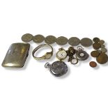 A MIXED LOT TO INCLUDE A SILVER FOB WATCH A gold plated fob watch and chain, steel cased pocket