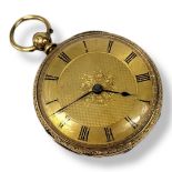 A VICTORIAN 18CT GOLD LADIES’ POCKET WATCH Open face with gold tone dial and fine chased decoration,