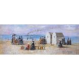 A 20TH CENTURY CONTINENTAL SCHOOL CANVAS LAID TO BOARD, SUMMER SEASIDE VIEW Figures in 19th