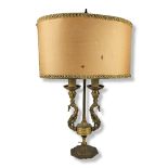 AN EARLY 20TH CENTURY CONTINENTAL GILDED BRASS TWIN BRANCH DESK LAMP Complete with original shade,