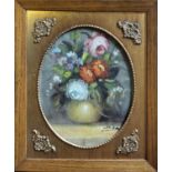 A 20TH CENTURY STILL LIFE OIL ON BOARD, A VASE OF BLOOMING FLOWERS Signed ‘Dinz’ or ‘Dina’ bottom