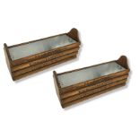 A PAIR OF DECORATED WOODEN HERB PLANTERS/CRATES With Harrods logo with liners. (length 25cm)