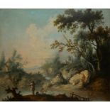 AFTER CLAUDE LORRAIN, AN 18TH CENTURY FRENCH SCHOOL OIL ON CANVAS Hilly pastoral landscape view,