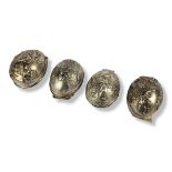 A SET OF FOUR 19TH CENTURY RUSSIAN SILVER ECCLESIASTICAL NOVELTY 'EASTER EGG' LIDS Embossed with