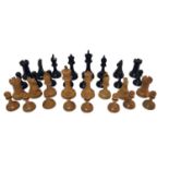 AN EARLY 20TH CENTURY JAQUES STAUNTON BOXWOOD AND EBONY COMPLETE CHESS SET Four piece, stamped