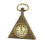 A NOVELTY BRASS MASONIC POCKET WATCH Triangular form with bossed symbols to case and mechanical