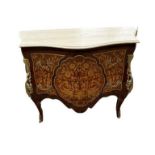 A LOUIS XV STYLE MARBLE TOPPED INLAID ROSEWOOD COMMODE Bombe shape, decorated with Marquetry, ormolu