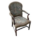 A 19TH CENTURY FRENCH HEPPLEWHITE DESIGN MAHOGANY OPEN ARMCHAIR In floral tapestry upholstery on a