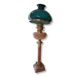 A GOOD VICTORIAN GILDED BRONZE AND BRASS TABLE OIL LAMP With fluted plain marble column on a stepped