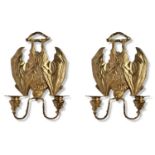 A PAIR OF GILT ORMOLU BRONZE BAT WALL SCONCES Gothic design, formed as hanging bats with the jaws