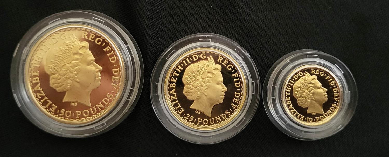 A 22CT GOLD BRITANNIA THREE COIN PROOF SET, DATED 2010 Comprising fifty pounds, twenty-five pounds - Image 5 of 5