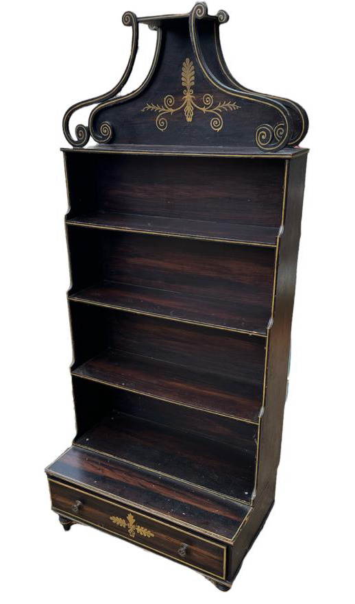A REGENCY STYLE FAUX GRAINED ROSEWOOD WATERFALL FLOOR STANDING OPEN BOOKCASE With decorated