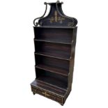 A REGENCY STYLE FAUX GRAINED ROSEWOOD WATERFALL FLOOR STANDING OPEN BOOKCASE With decorated