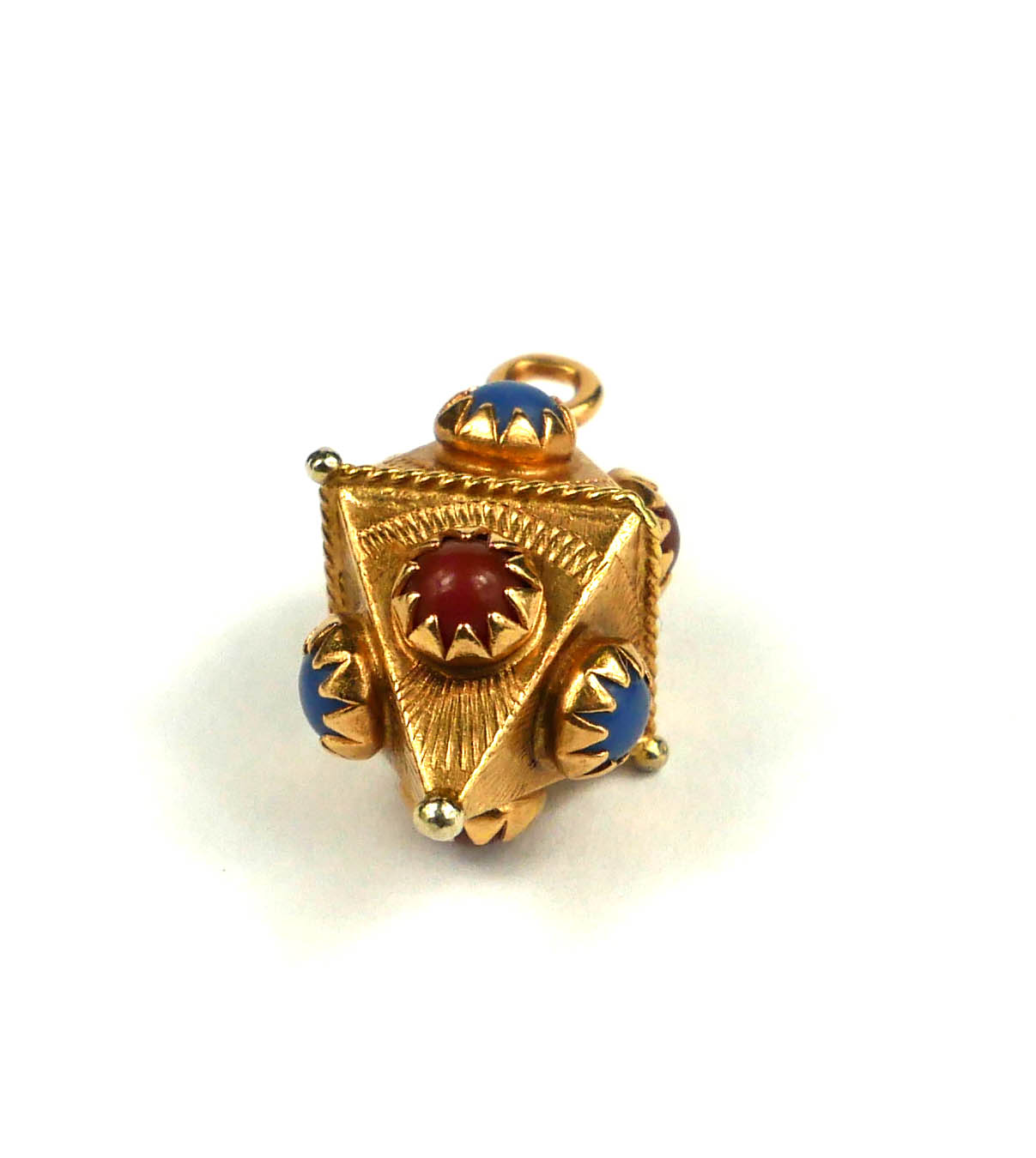 A VINTAGE 18CT GOLD AND CABOCHON CUT BLUE AND RED GEM SET LANTERN FORM PENDANT. (approx 2cm) - Image 2 of 3