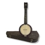 KEECH, AN EARLY 20TH CENTURY HOOP FORM FOUR STRING BANJO Ebony fingerboards, inlaid with three drops