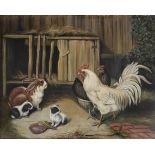 CIRCLE OF EDGAR HUNT, 1876 - 1953, OIL ON CANVAS Farmyard scene with chickens, Guinea pigs and