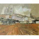 A FRENCH MID CENTURY OIL ON BOARD, LANDSCAPE Ploughed field with large building, signed lower