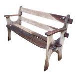 ARTS AND CRAFTS, A PEG JOINED TEAK GARDEN BENCH. (148cm x 53cm x 78cm) Condition: weathered, four