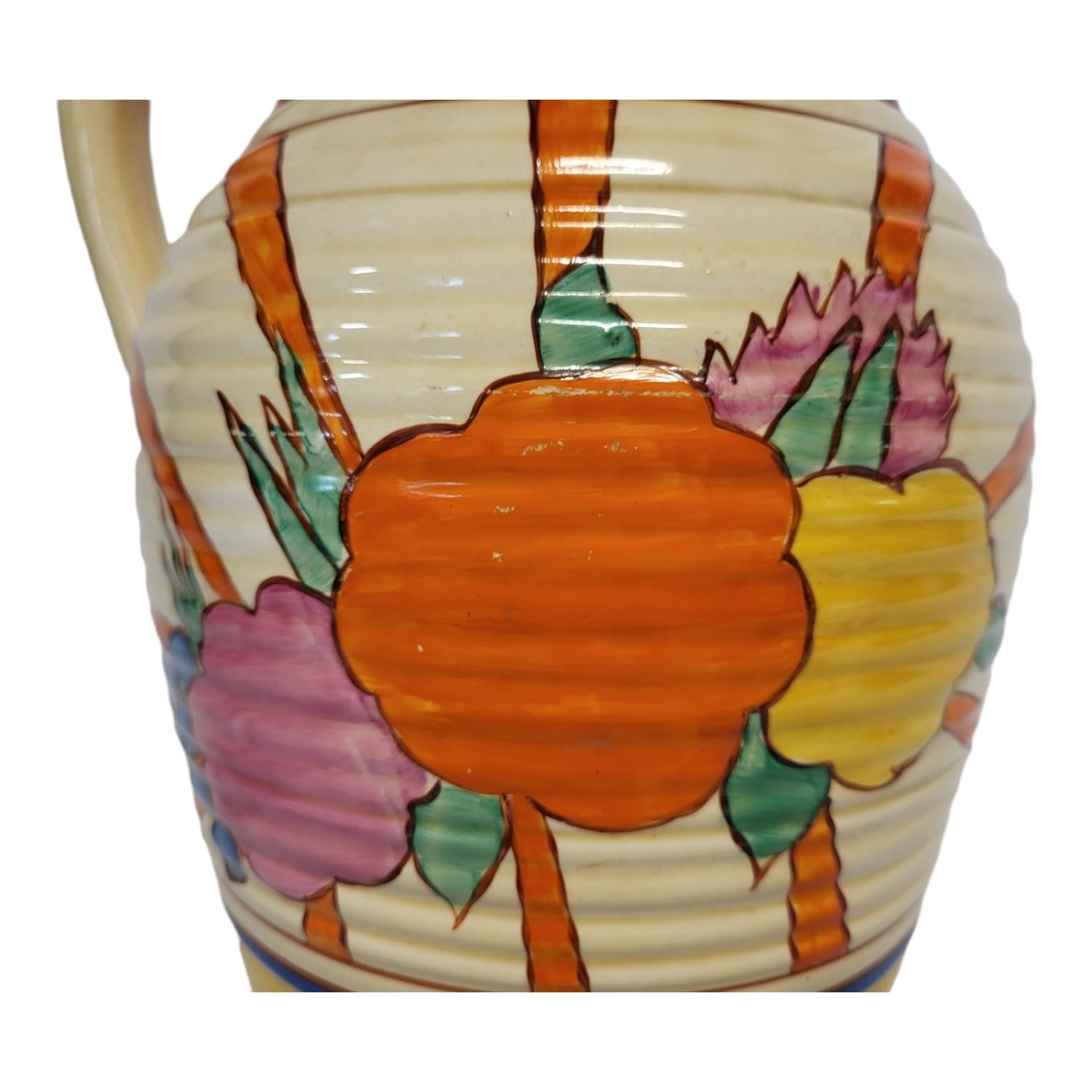 CLARICE CLIFF, FANTASQUE BIZARRE RANGE, AN ART DECO SINGLE HANDLED LOTUS JUG The ribbed tapering - Image 4 of 13