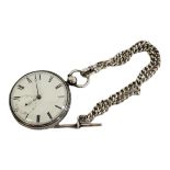 A VICTORIAN SILVER GENT’S FUSÈE POCKET WATCH AND ALBERT CHAIN Open face with key wound mechanism,