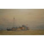 WILLIAM LIONEL WYLLIE, 1851 - 1931, WATERCOLOUR Marine landscape, military boat 'Wartime Auxiliary
