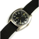 HAMILTON, A MILITARY ISSUE STAINLESS STEEL GENT’S WRISTWATCH Circular black tone dial with Arabic