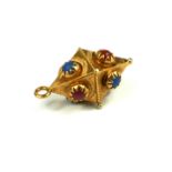 A VINTAGE 18CT GOLD AND CABOCHON CUT BLUE AND RED GEM SET LANTERN FORM PENDANT. (approx 2cm)