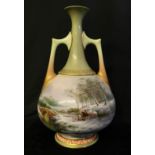 HARRY DAVIES, 1885 - 1970, FOR ROYAL WORCESTER, A TWIN ARCH HANDLED PORCELAIN VASE, CIRCA 1892