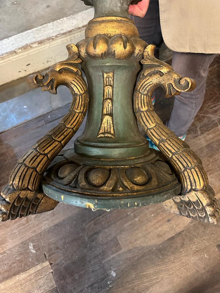 A 19TH CENTURY AND LATER PAINTED PINE DEMILUNE CONSOLE TABLE With single finely carved rams head leg - Image 2 of 3