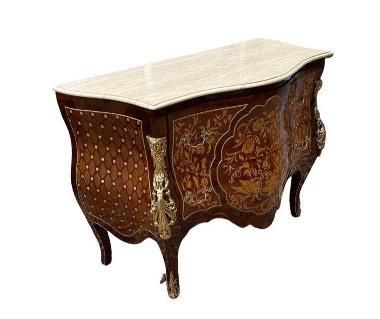 A LOUIS XV STYLE MARBLE TOPPED INLAID ROSEWOOD COMMODE Bombe shape, decorated with Marquetry, ormolu - Image 2 of 2