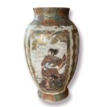 A FINE 19TH CENTURY JAPANESE SATSUMA MEIJI PERIOD EARTHENWARE BALUSTER VASE Painted with four