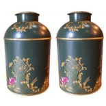 A PAIR OF TOLEWARE TEA CANISTERS WITH LIDS Chinoiserie decoration over green background and gilt