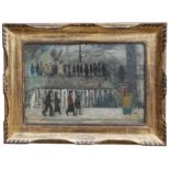 LAURENCE STEPHEN LOWRY, R.A., BRITISH, 1887 - 1976, OIL ON PANEL Titled ‘Spectators' Fans queuing on