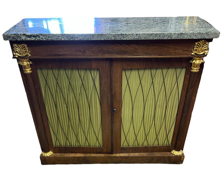 A REGENCY ROSEWOOD CHIFFONIER With later green marble top above two silk lined grilled doors flanked