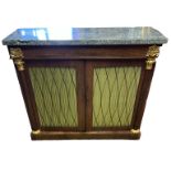 A REGENCY ROSEWOOD CHIFFONIER With later green marble top above two silk lined grilled doors flanked