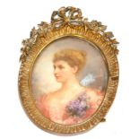 A FINE 19TH CENTURY FRENCH WATERCOLOUR PORTRAIT MINIATURE, A YOUNG LADY IN SUMMER DRESS Bearing