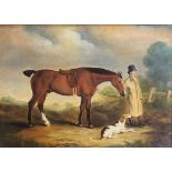 FOLLOWER OF GEORGE STUBBS, 20TH CENTURY OIL ON CANVAS Landscape, horse and groom with pointer dog