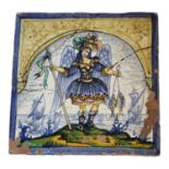 AN 18TH/19TH CENTURY CONTINENTAL ECCLESIASTICAL ISTORIATA TIN GLAZED EARTHENWARE TILE AFTER