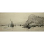 WILLIAM LIONEL WYLLIE, 1851 - 1931, BLACK AND WHITE ETCHING Marine scene, Gibraltar harbour with