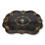 A MID VICTORIAN BLACK LACQUERED AND PARCEL GILT PAINTED PAPIER-M CHÉ RECTANGULAR SERVING TRAY