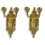 A PAIR OF GILT BRONZE FIGURAL WALL SCONCES Depicting a mermaid over embossed Renaissance decoration.