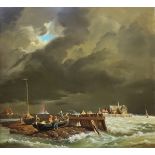 J. BEEKHOUT, 20TH OIL ON BOARD Fishermen in a choppy bay, gilt framed. (77cm x 69cm) Condition: good