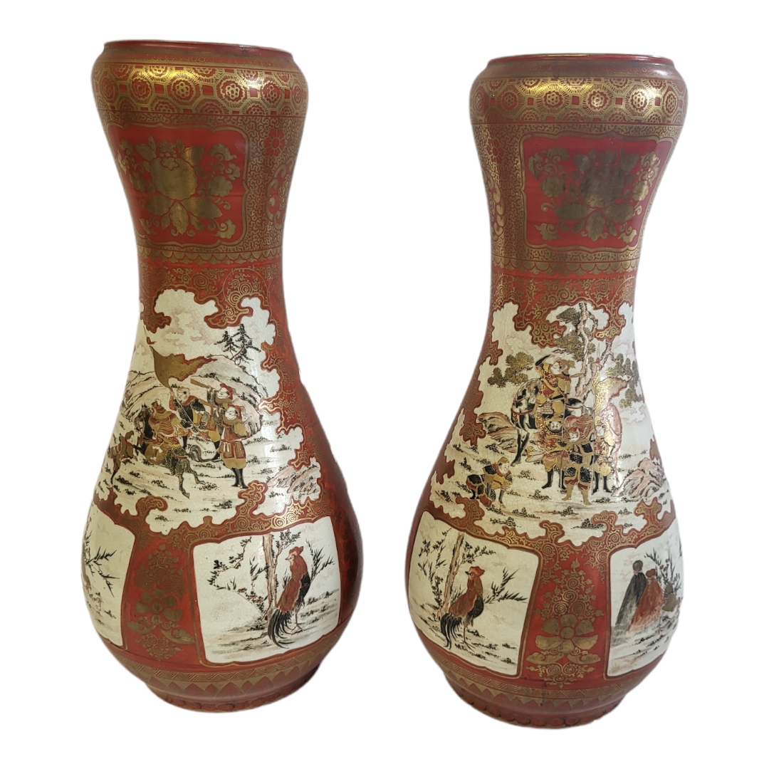 A PAIR OF LARGE LATE 19TH CENTURY JAPANESE SATSUMA KUTANI WARE BALUSTER CERAMIC VASES Depicting - Image 10 of 15