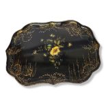 A LARGE EARLY VICTORIAN BLACK LACQUERED AND PARCEL GILT PAPIER-M CHÉ RECTANGULAR TRAY Scrolling